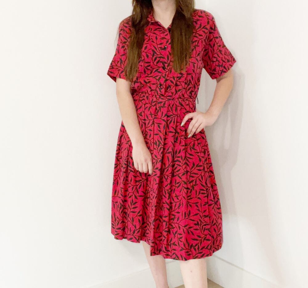 Vintage 70s Leslie Fay Red Pleated Fit & Flare Short Sleeve Dress, 12